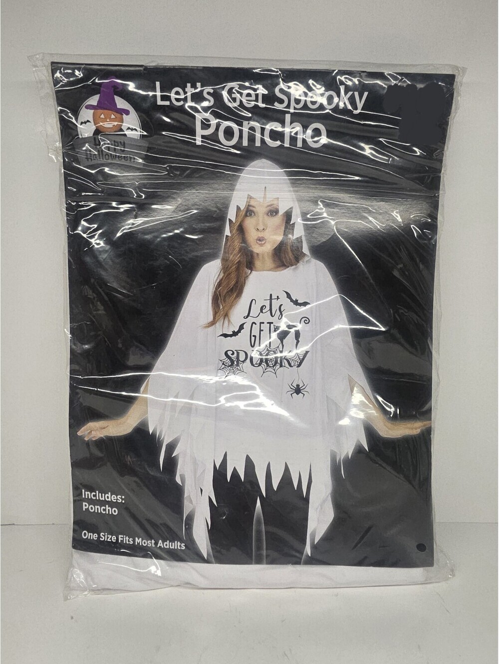 Happy Halloween White Poncho w/Black Bats Graphic Hooded Adult Halloween Costume
